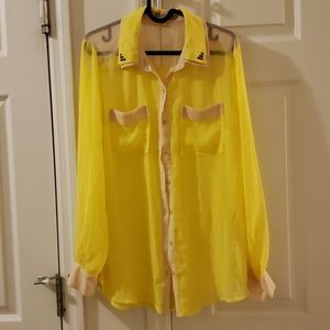Fun Neon Yellow Sheer Long Sleeves Button Down